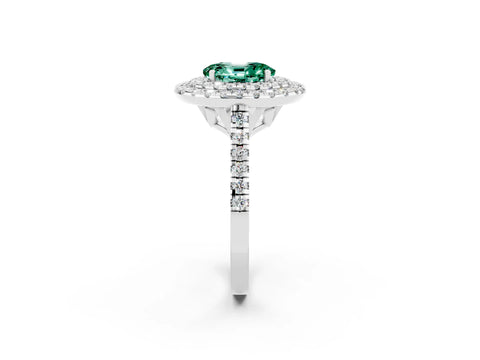 White gold Double Halo Oval Cut Green Sapphire Pavé Band with Four-Prong Setting_2