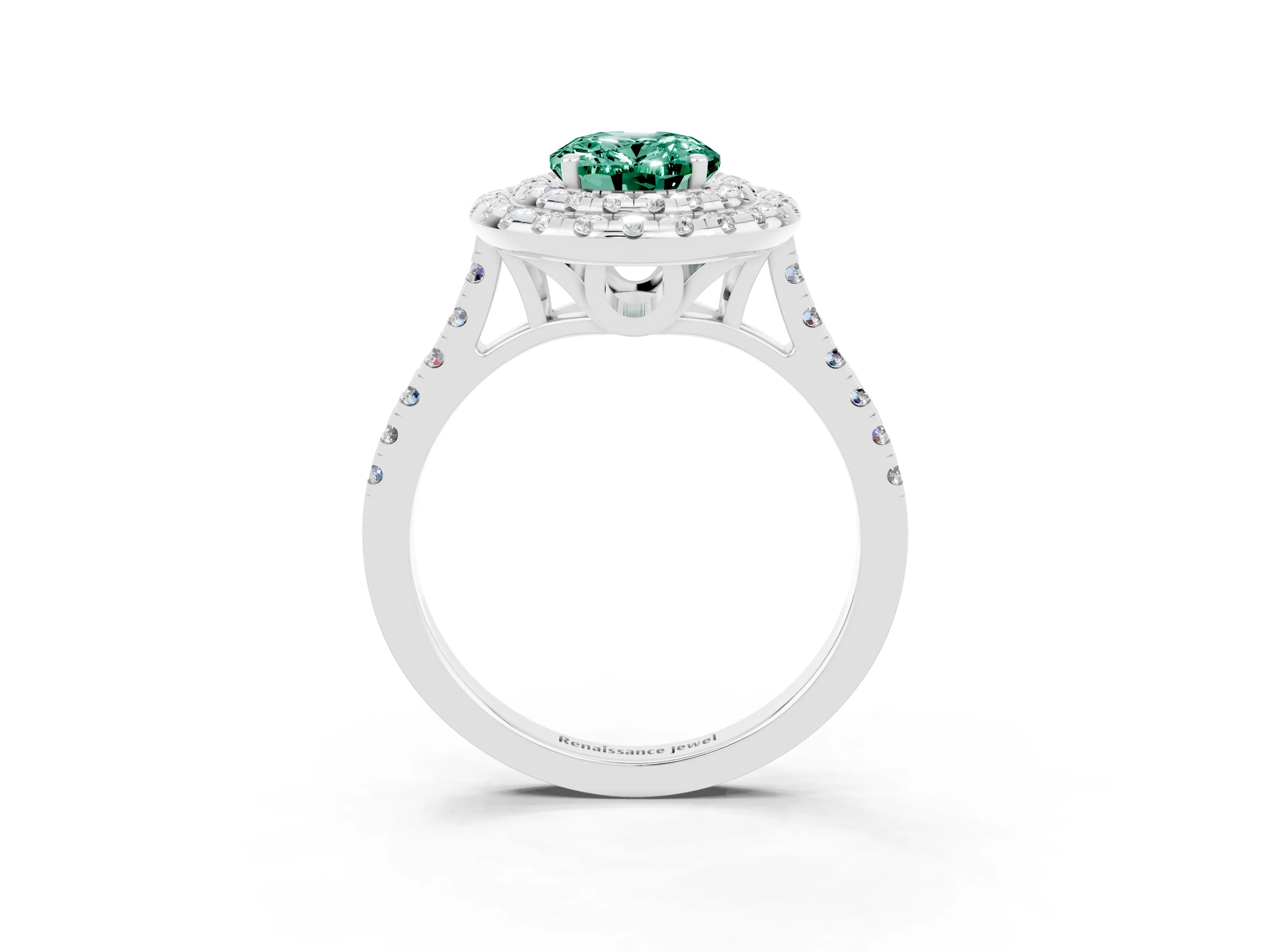 White gold Double Halo Oval Cut Green Sapphire Pavé Band with Four-Prong Setting_3