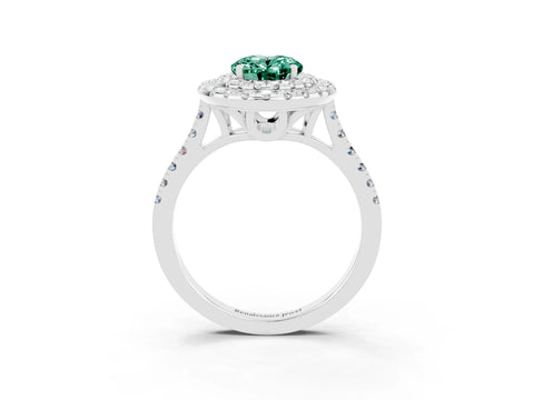 White gold Double Halo Oval Cut Green Sapphire Pavé Band with Four-Prong Setting_3