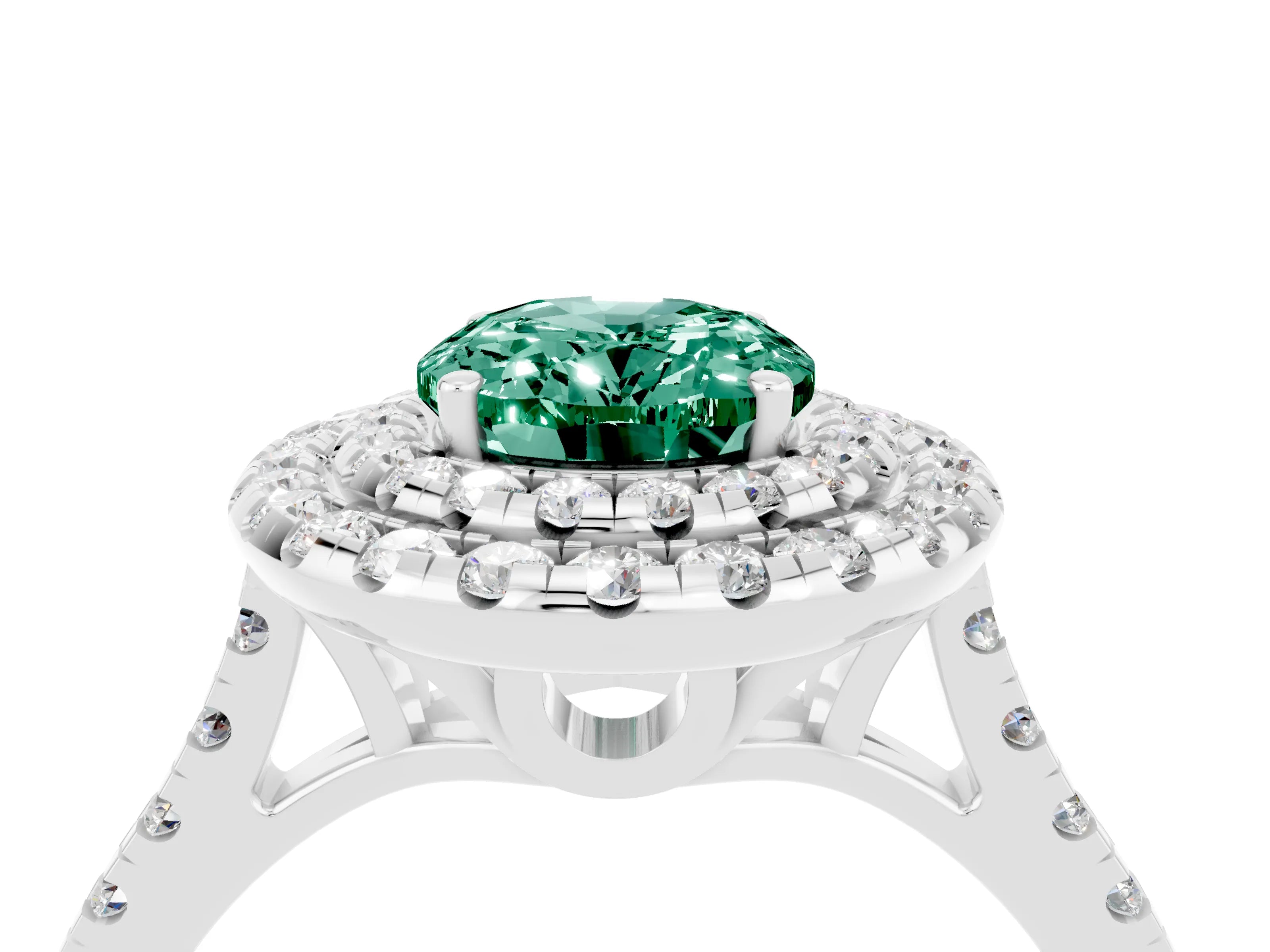 White gold Double Halo Oval Cut Green Sapphire Pavé Band with Four-Prong Setting_4