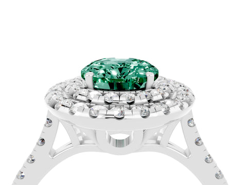 White gold Double Halo Oval Cut Green Sapphire Pavé Band with Four-Prong Setting_4
