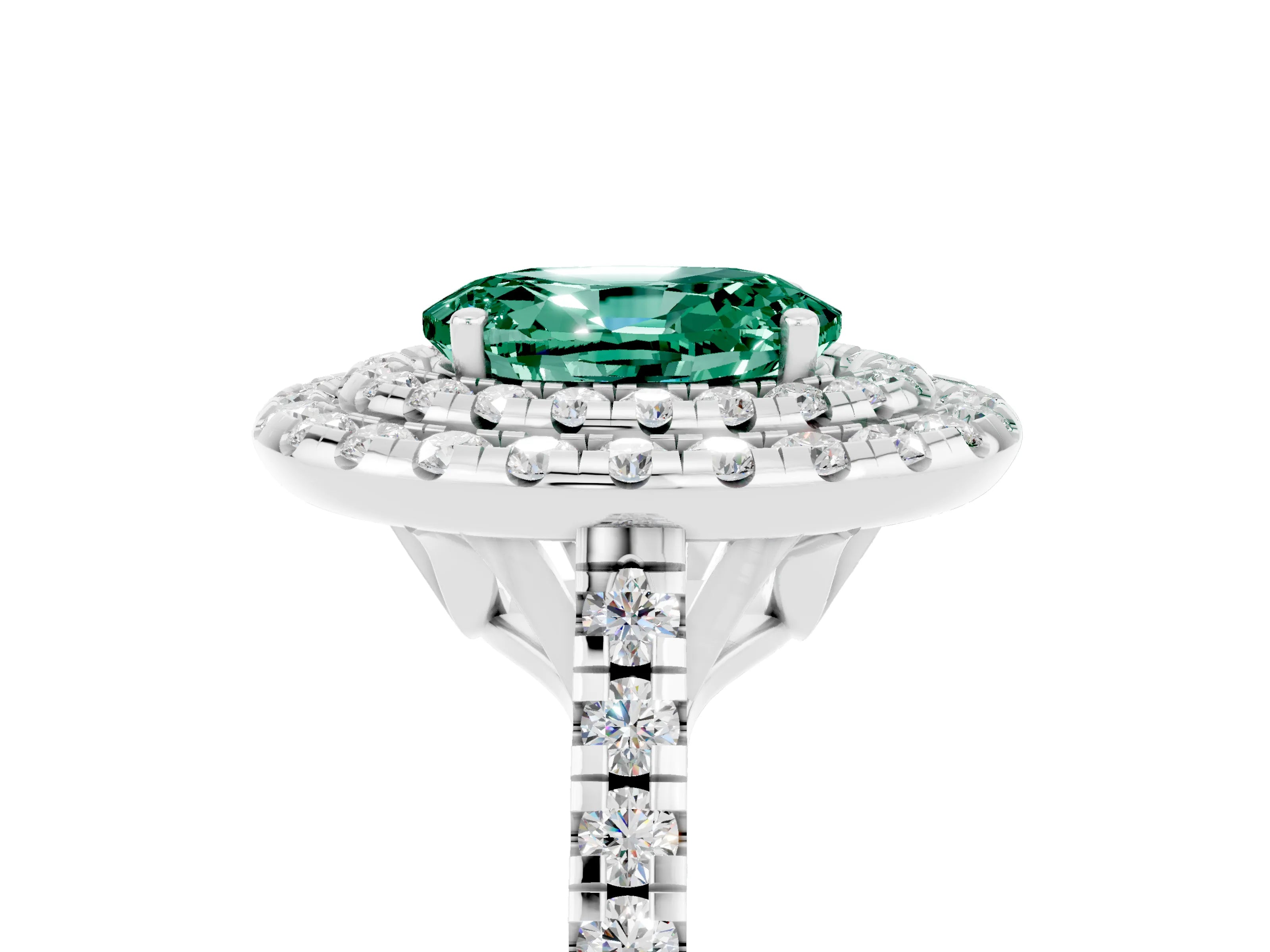 White gold Double Halo Oval Cut Green Sapphire Pavé Band with Four-Prong Setting_5