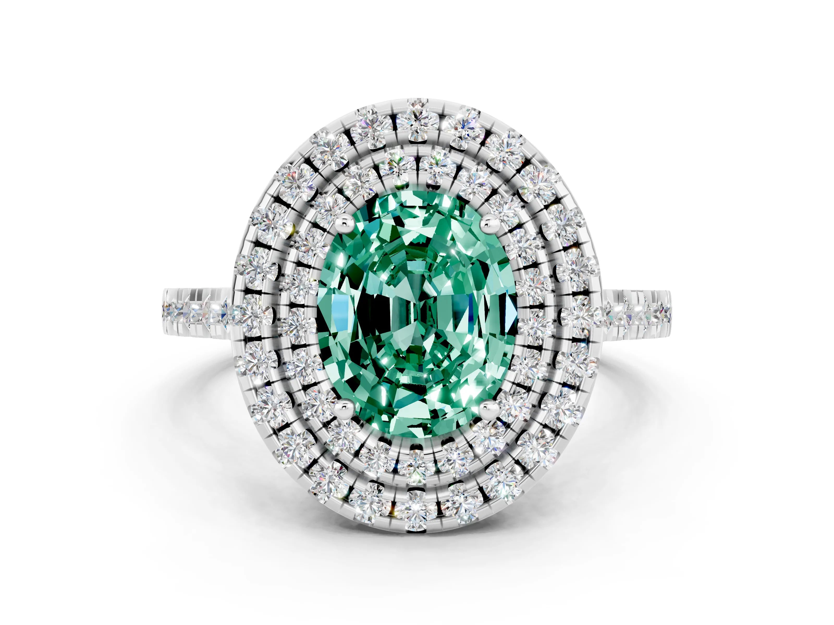 White gold Double Halo Oval Cut Green Sapphire Pavé Band with Four-Prong Setting