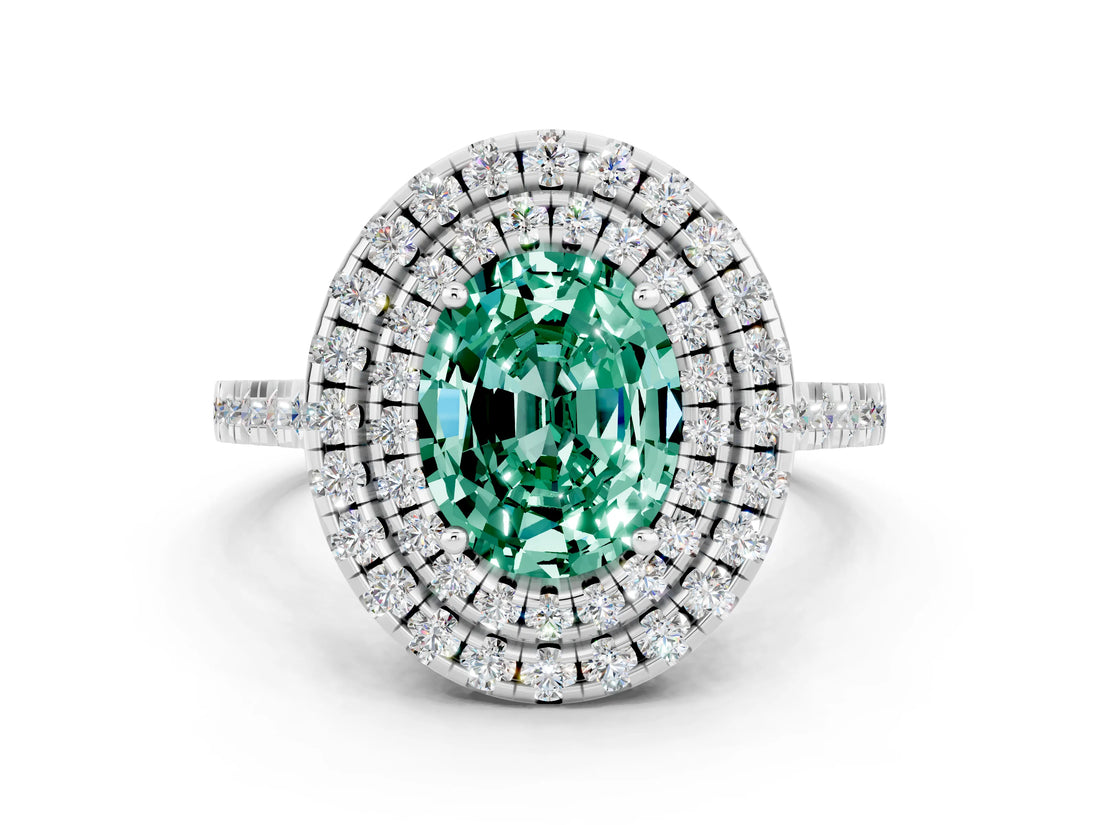 White gold Double Halo Oval Cut Green Sapphire Pavé Band with Four-Prong Setting
