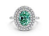 White gold Double Halo Oval Cut Green Sapphire Pavé Band with Four-Prong Setting