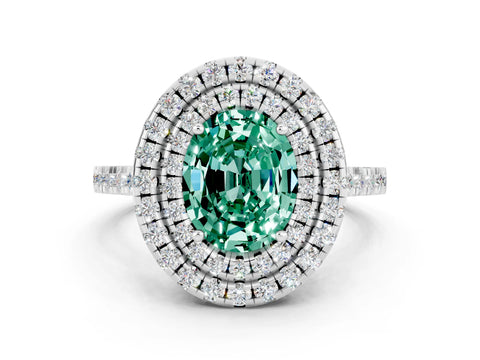 White gold Double Halo Oval Cut Green Sapphire Pavé Band with Four-Prong Setting