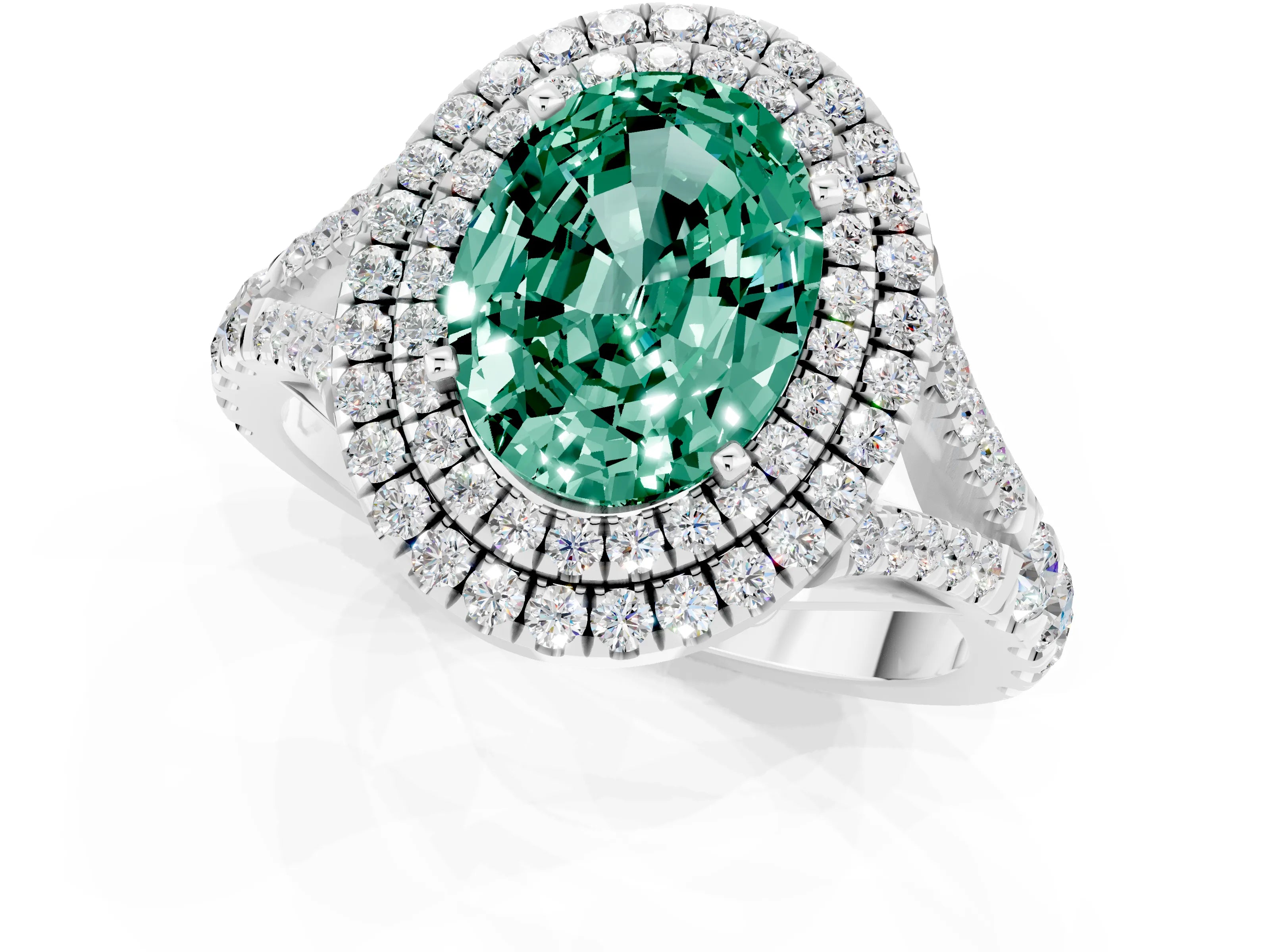 White gold Double Halo Oval Cut Green Sapphire Pavé Split Shank Ring with Prong Setting_1