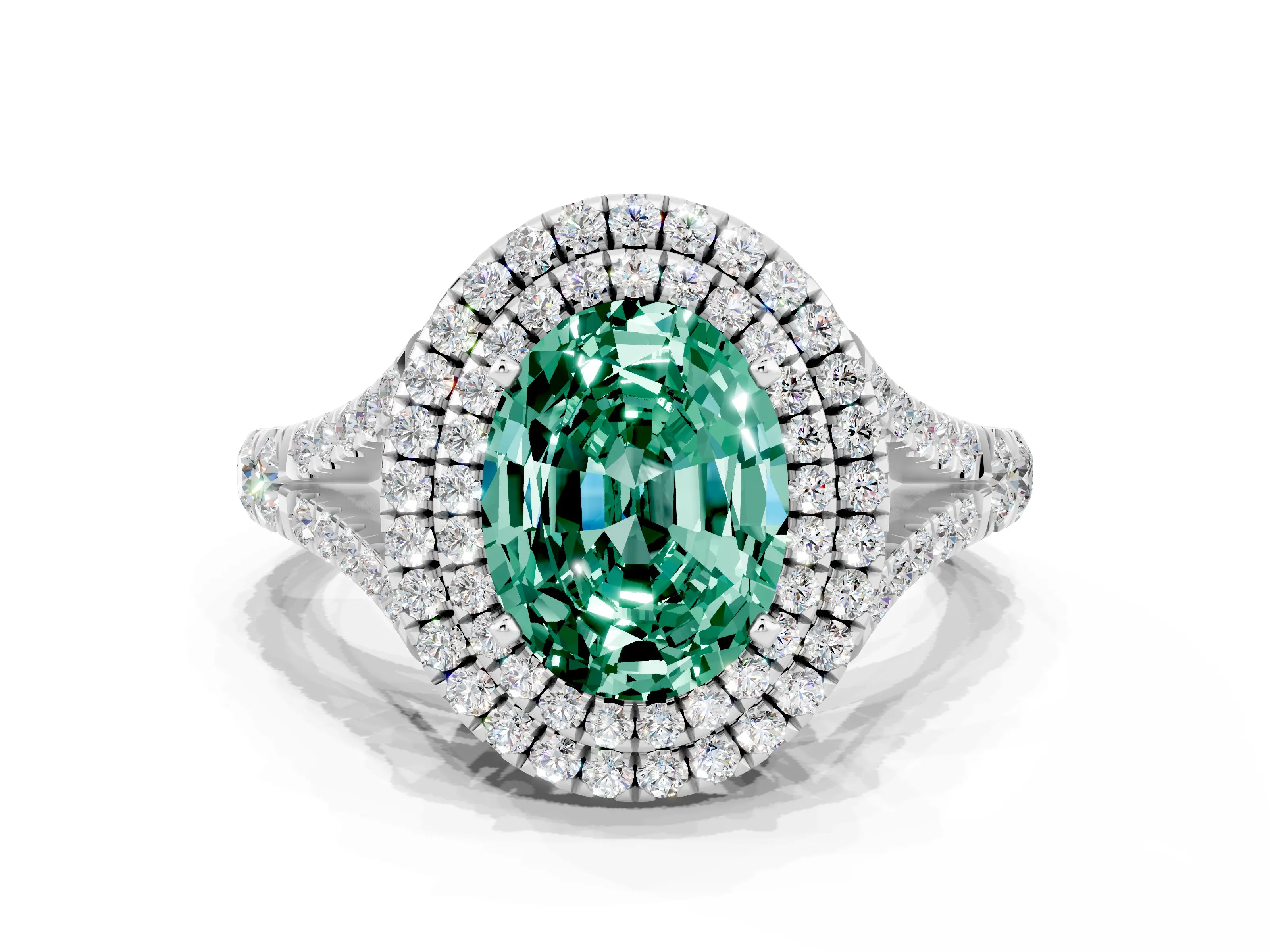 White gold Double Halo Oval Cut Green Sapphire Pavé Split Shank Ring with Prong Setting