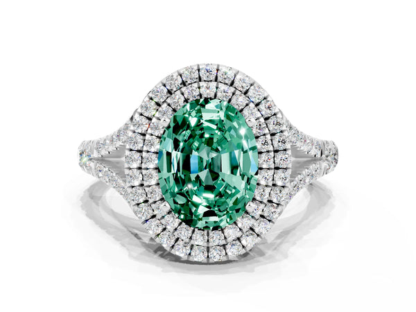 Silver Double Halo Oval Cut Green Sapphire Pavé Split Shank Ring with Prong Setting
