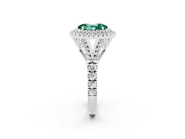 Silver Double Halo Oval Cut Green Sapphire Pavé Split Shank Ring with Prong Setting