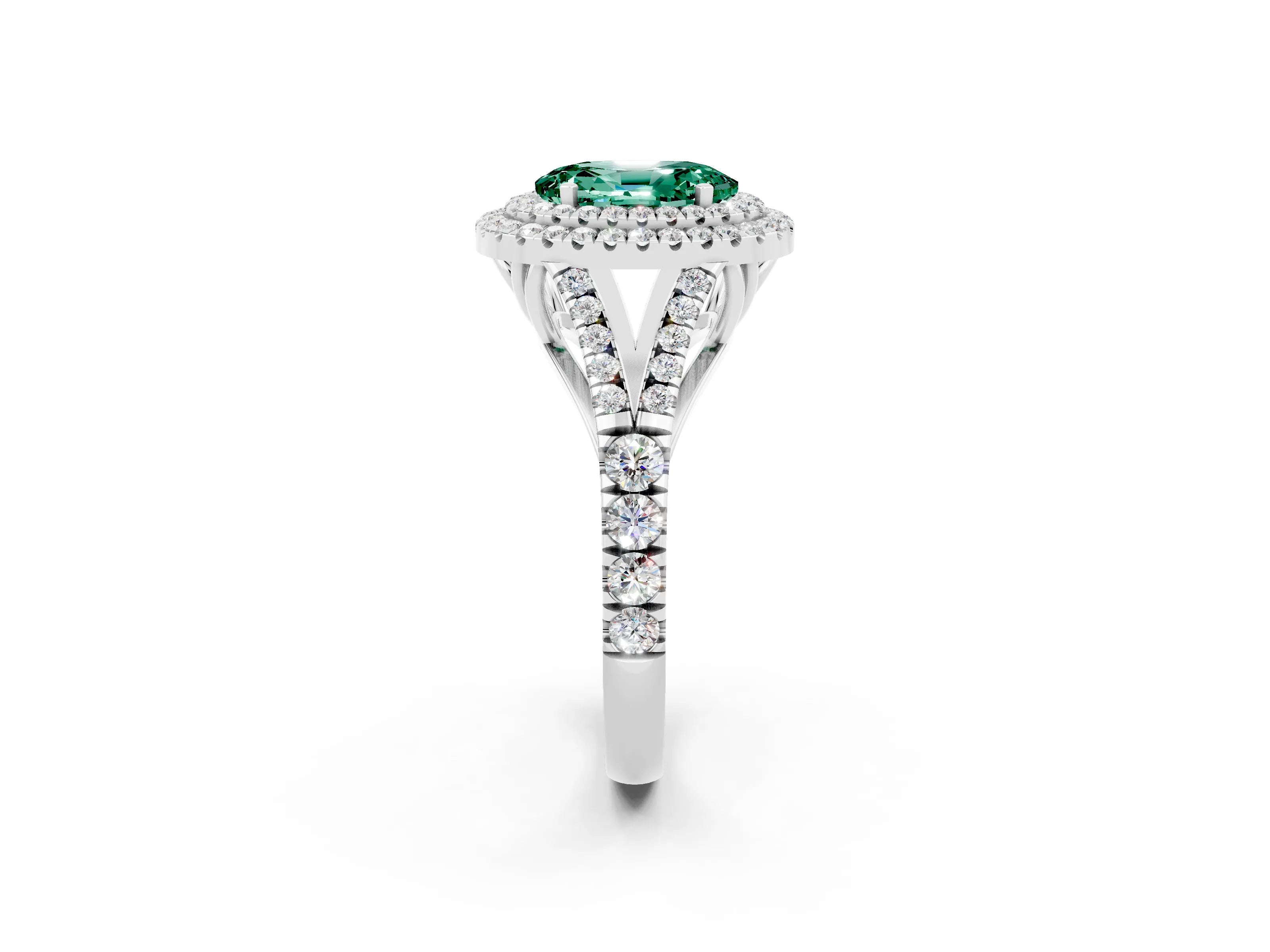 White gold Double Halo Oval Cut Green Sapphire Pavé Split Shank Ring with Prong Setting_2