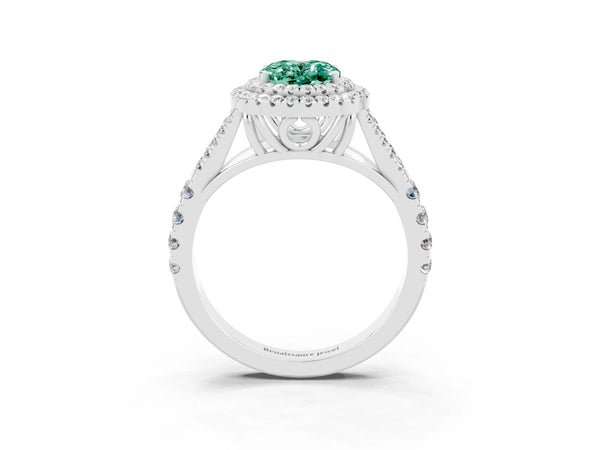 Silver Double Halo Oval Cut Green Sapphire Pavé Split Shank Ring with Prong Setting