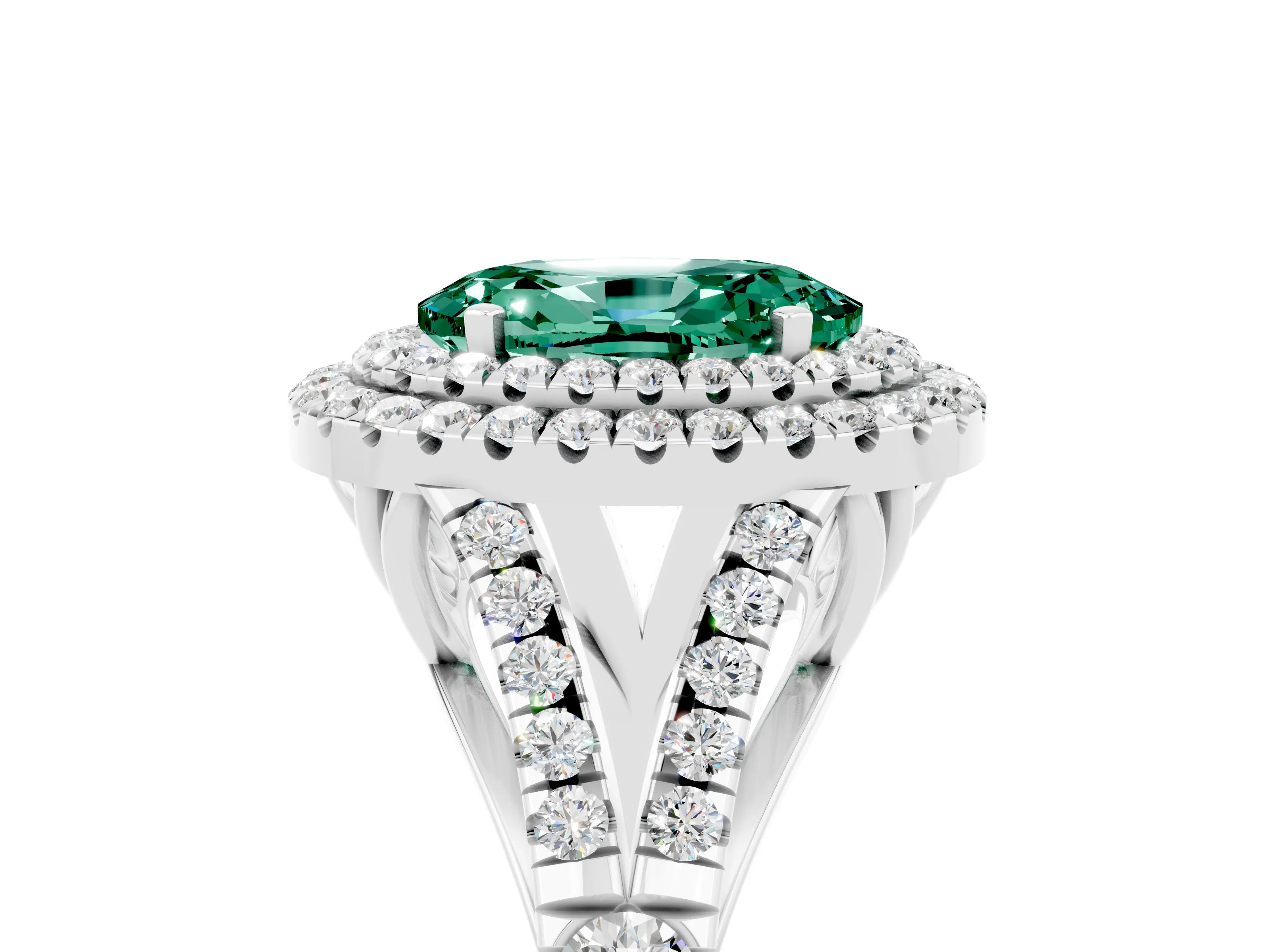 White gold Double Halo Oval Cut Green Sapphire Pavé Split Shank Ring with Prong Setting_5