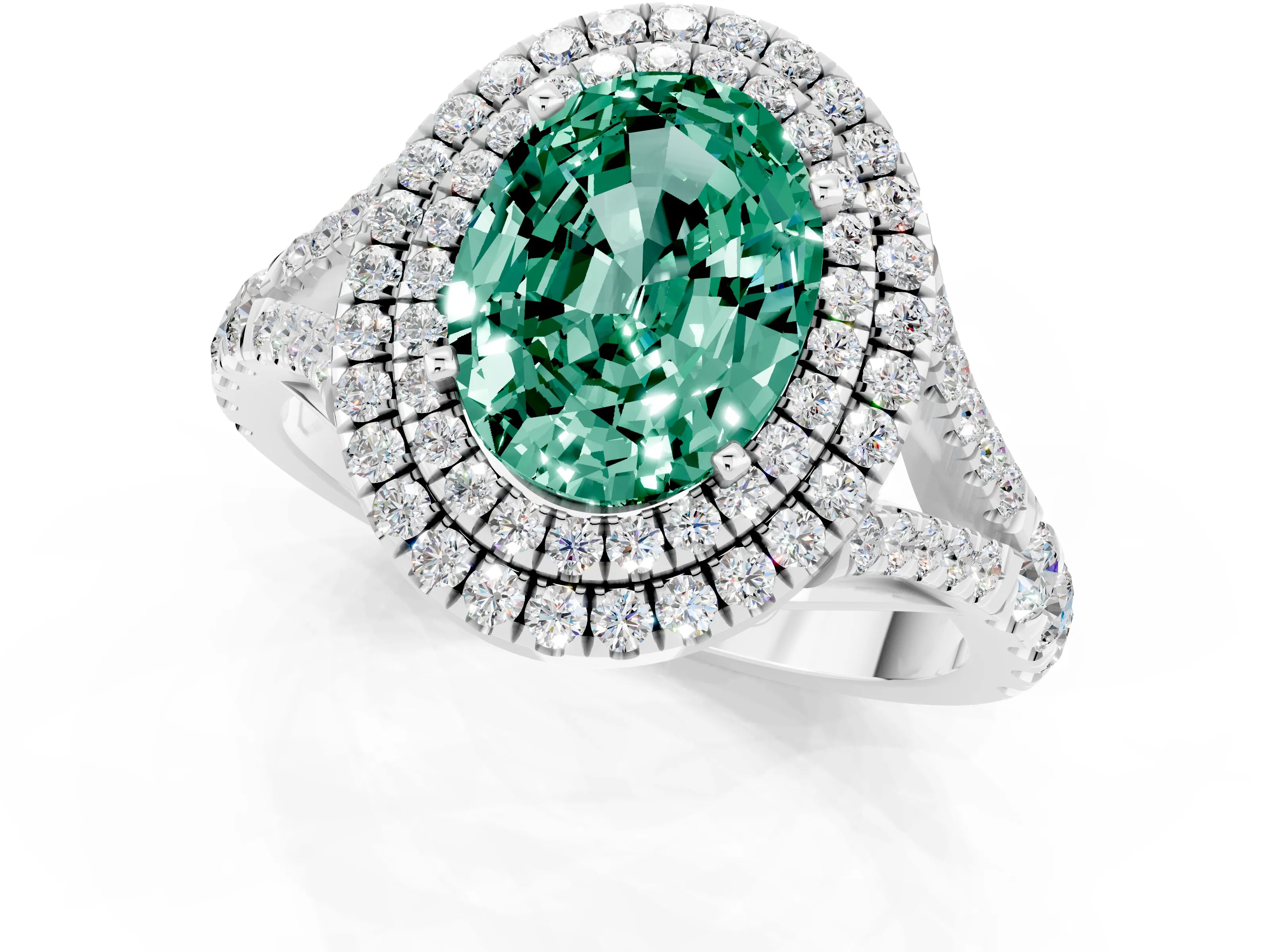 White gold Double Halo Oval Cut Green Sapphire Split Shank Engagement Ring with Four-Prong Setting_1