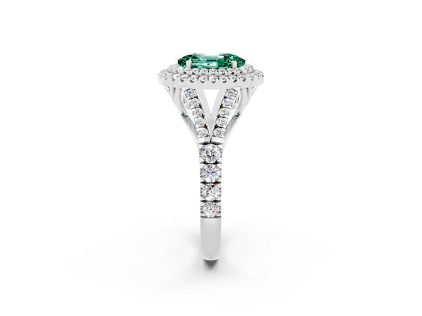 Platinum Double Halo Oval Cut Green Sapphire Split Shank Engagement Ring with Four-Prong Setting