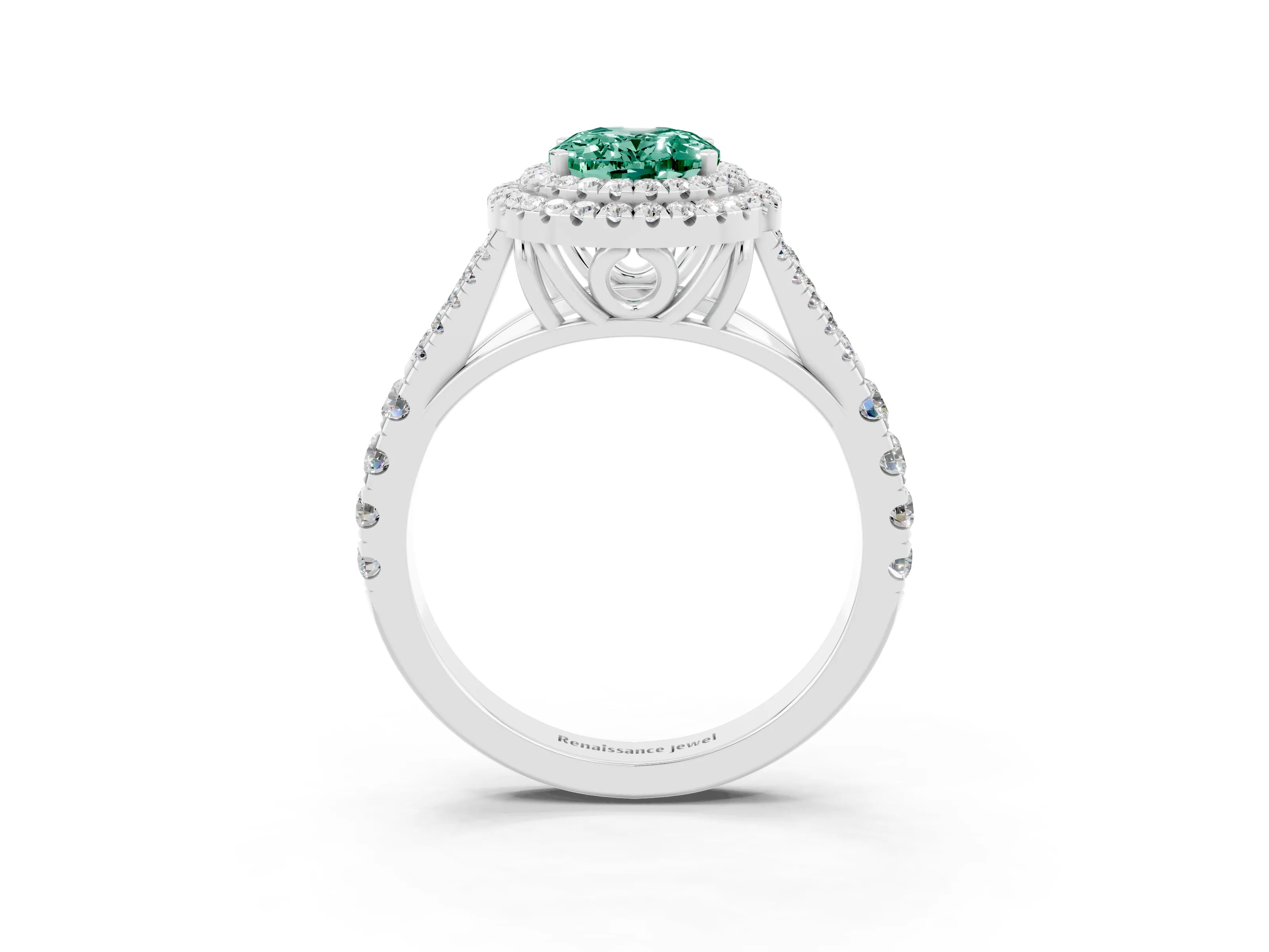 White gold Double Halo Oval Cut Green Sapphire Split Shank Engagement Ring with Four-Prong Setting_3