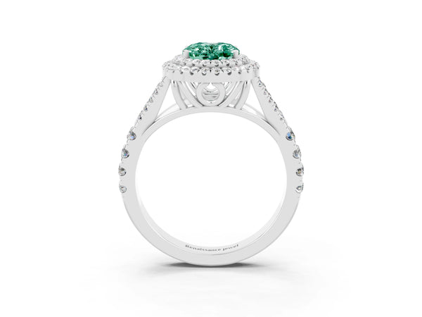 Silver Double Halo Oval Cut Green Sapphire Split Shank Engagement Ring with Four-Prong Setting