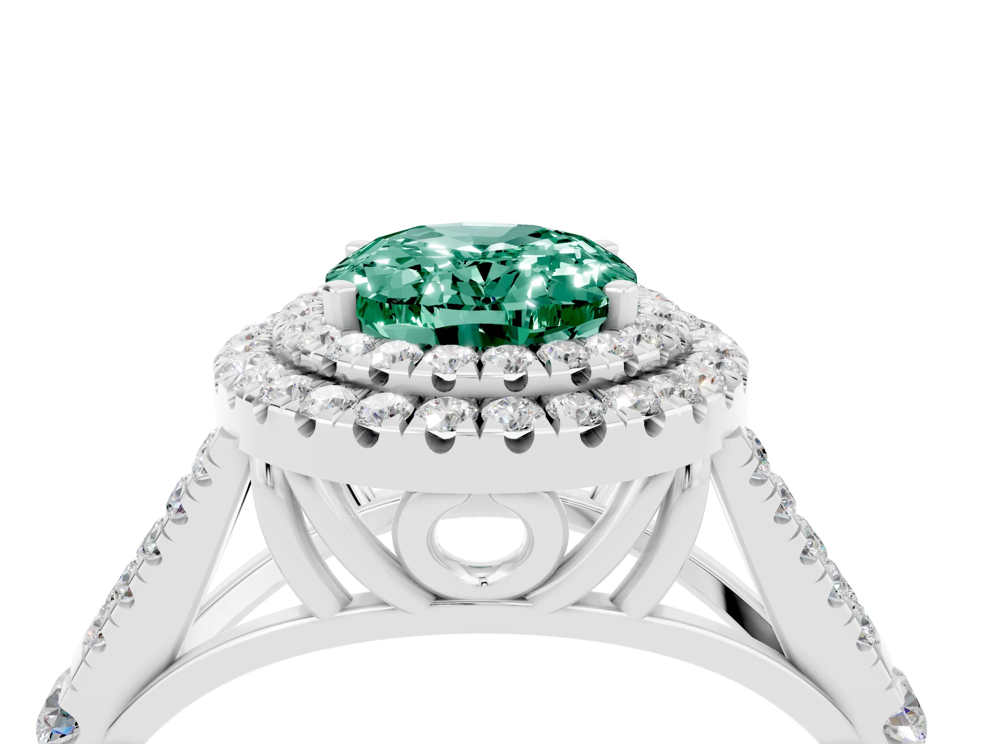 White gold Double Halo Oval Cut Green Sapphire Split Shank Engagement Ring with Four-Prong Setting_4