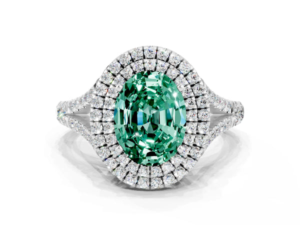 White gold Double Halo Oval Cut Green Sapphire Split Shank Engagement Ring with Four-Prong Setting