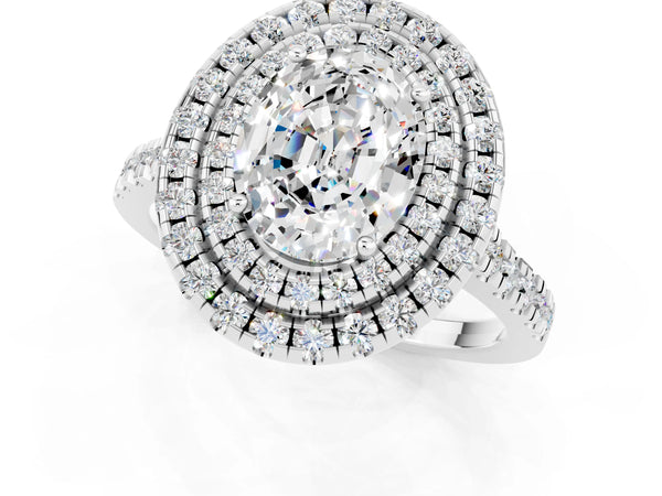 Silver Double Halo Oval Cut Moissanite Pavé Band with Four-Prong Setting