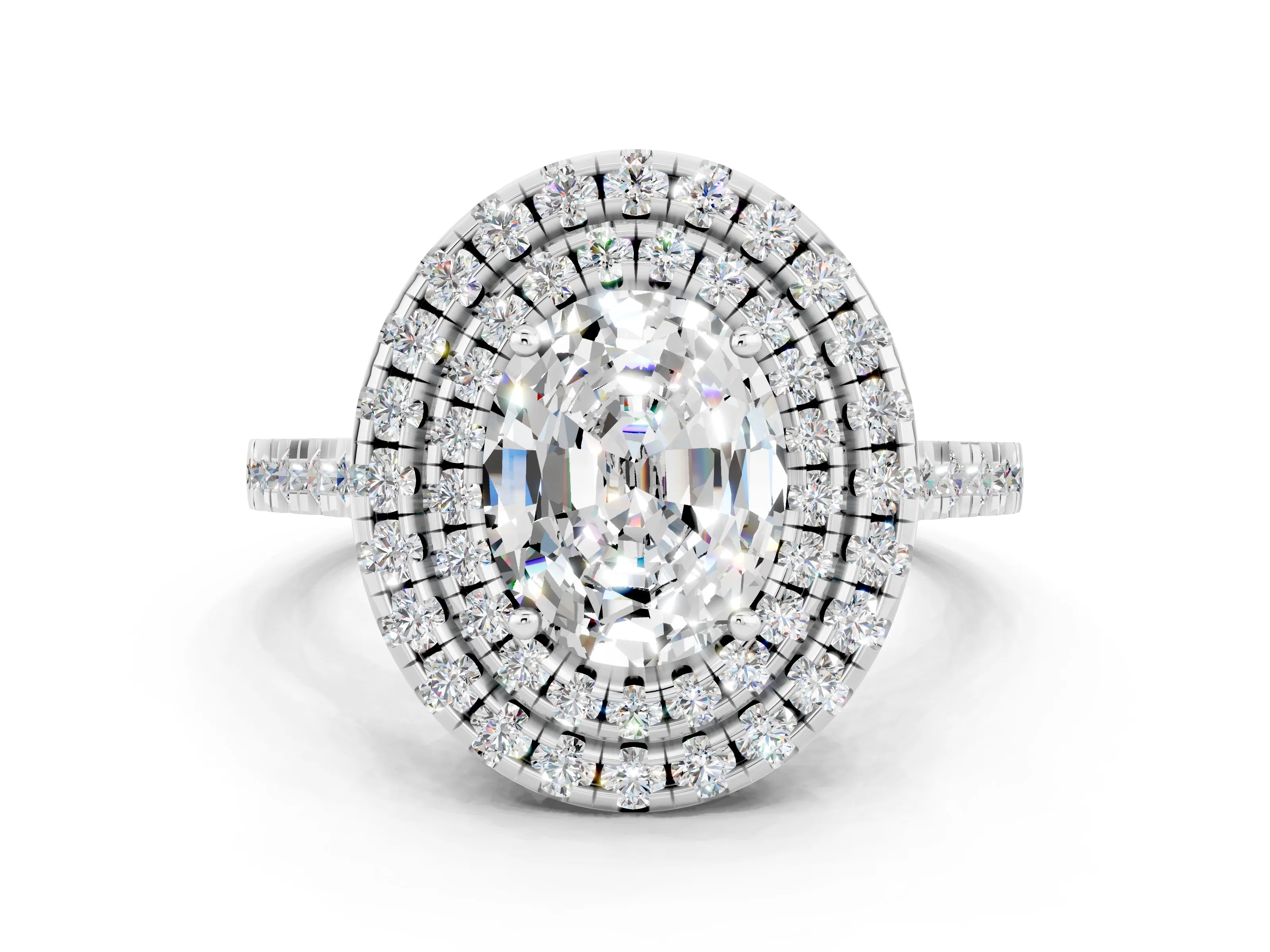 White gold Double Halo Oval Cut Moissanite Pavé Band with Four-Prong Setting