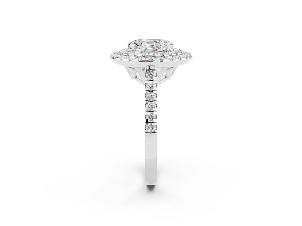 White gold Double Halo Oval Cut Moissanite Pavé Band with Four-Prong Setting