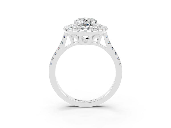 Platinum Double Halo Oval Cut Moissanite Pavé Band with Four-Prong Setting