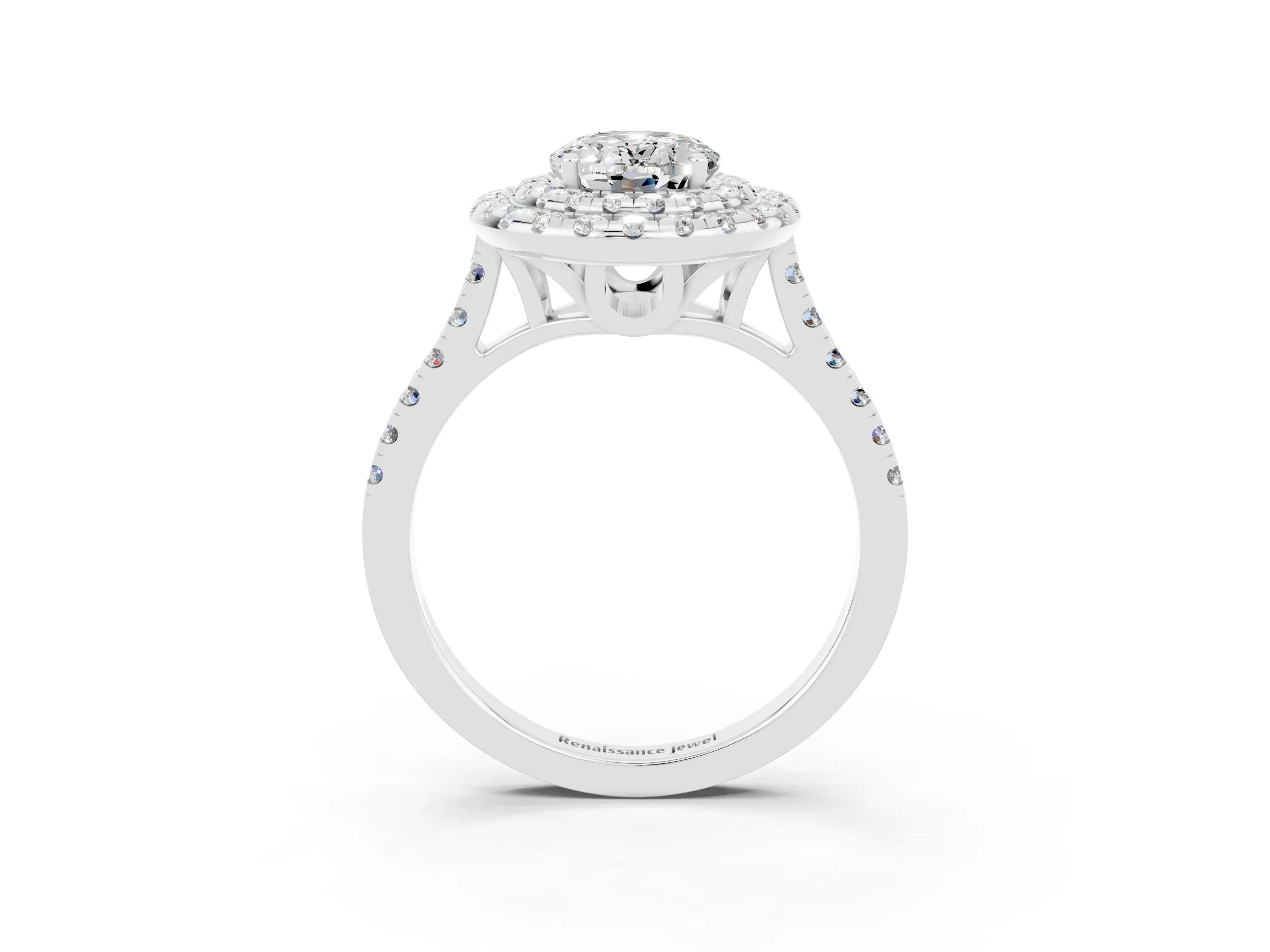 White gold Double Halo Oval Cut Moissanite Pavé Band with Four-Prong Setting_3