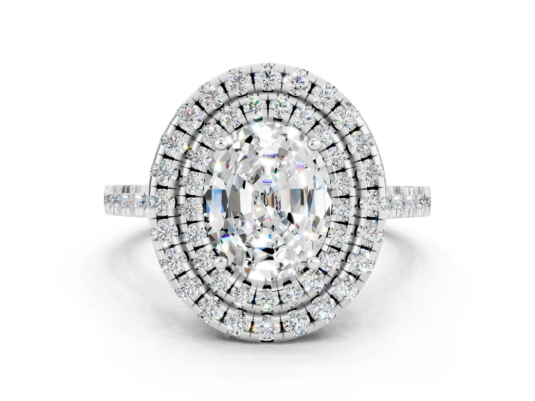 White gold Double Halo Oval Cut Moissanite Pavé Band with Four-Prong Setting