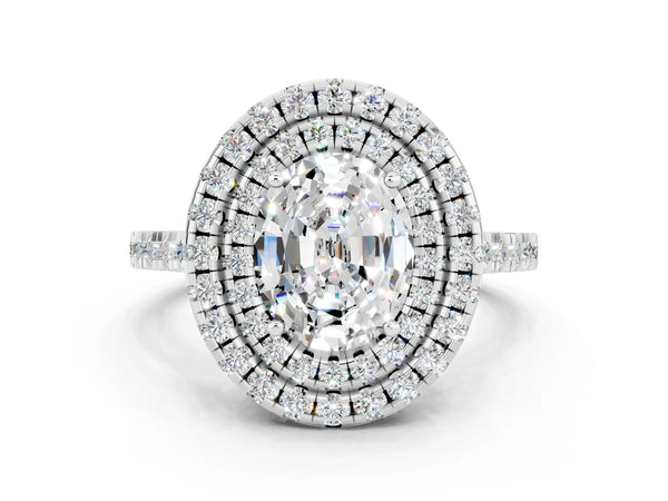 Silver Double Halo Oval Cut Moissanite Pavé Band with Four-Prong Setting