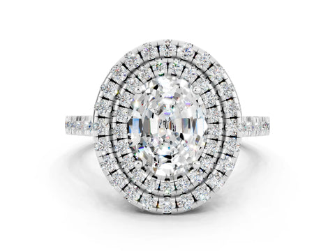 White gold Double Halo Oval Cut Moissanite Pavé Band with Four-Prong Setting