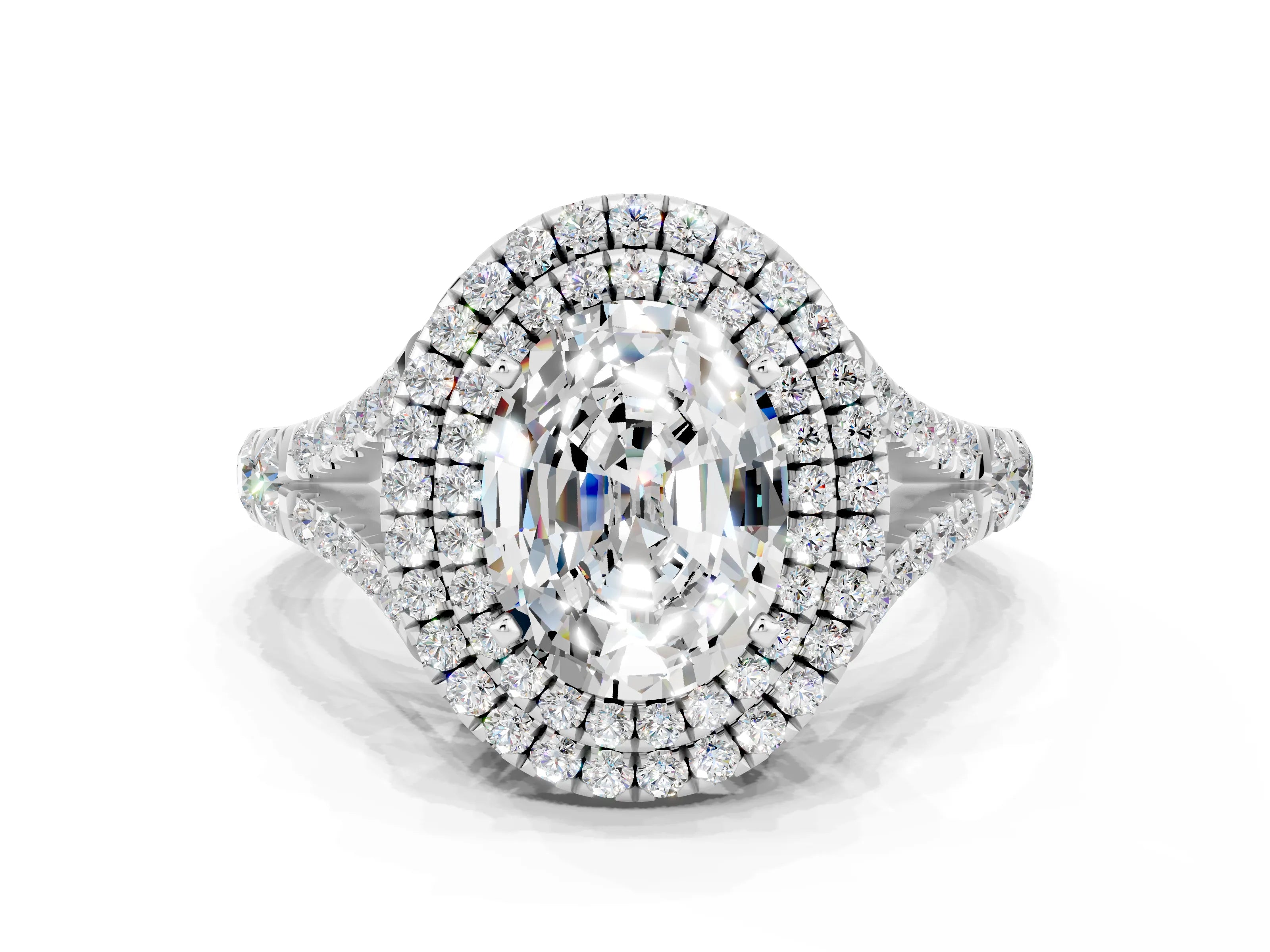White gold Double Halo Oval Cut Moissanite Pavé Split Shank Ring with Prong Setting