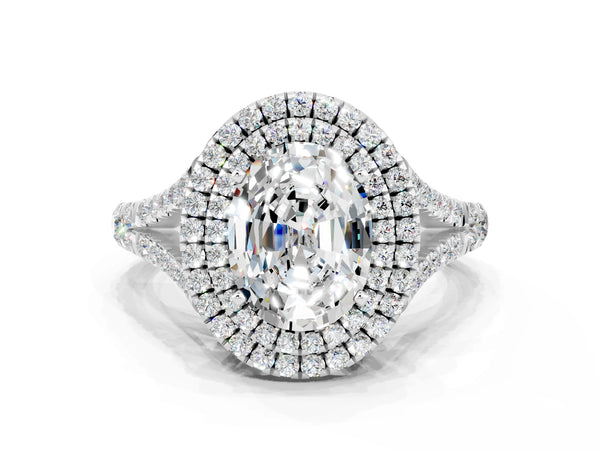 Platinum Double Halo Oval Cut Moissanite Pavé Split Shank Ring with Prong Setting