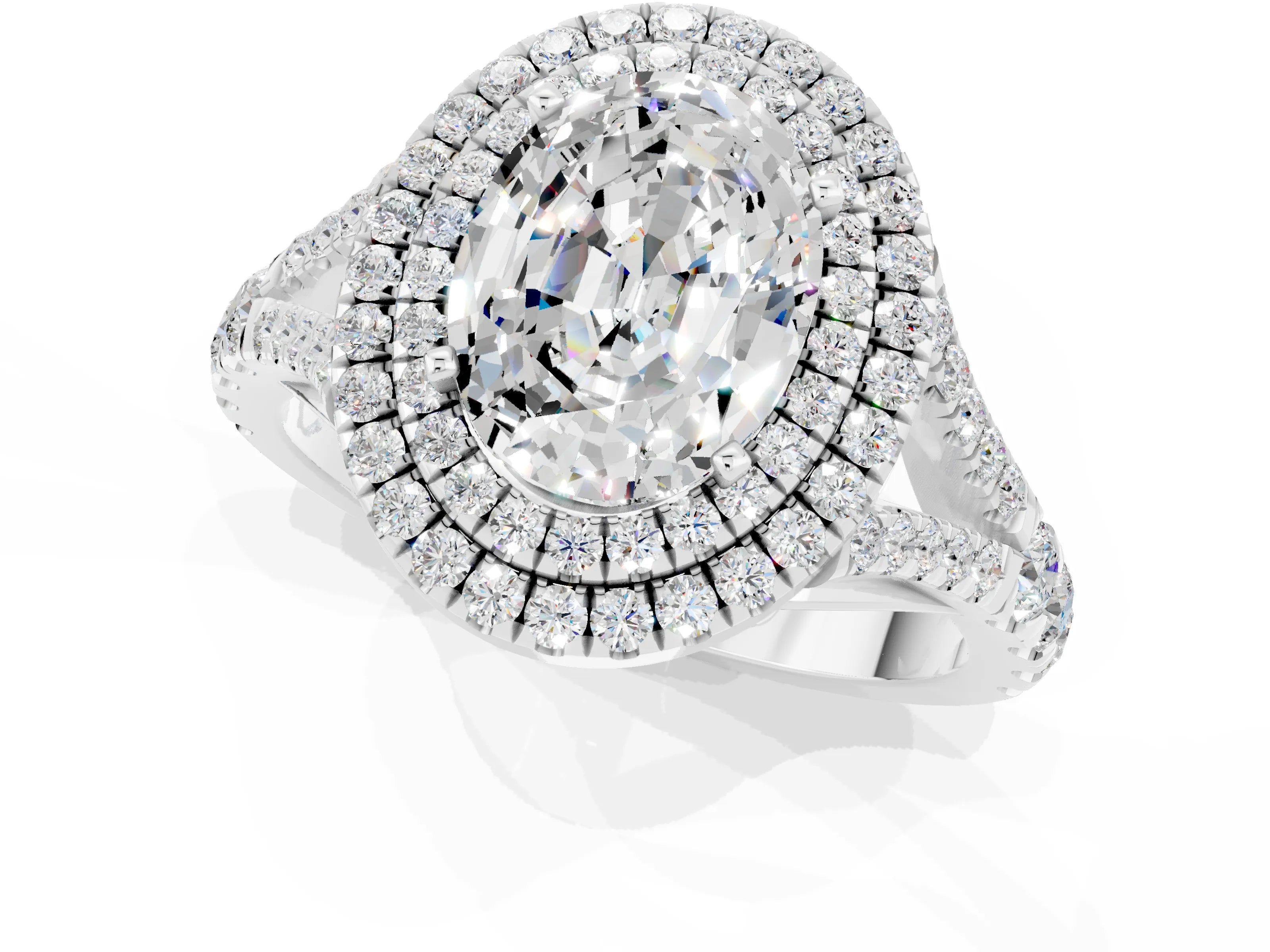 White gold Double Halo Oval Cut Moissanite Pavé Split Shank Ring with Prong Setting_1