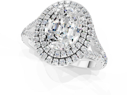 White gold Double Halo Oval Cut Moissanite Pavé Split Shank Ring with Prong Setting_1
