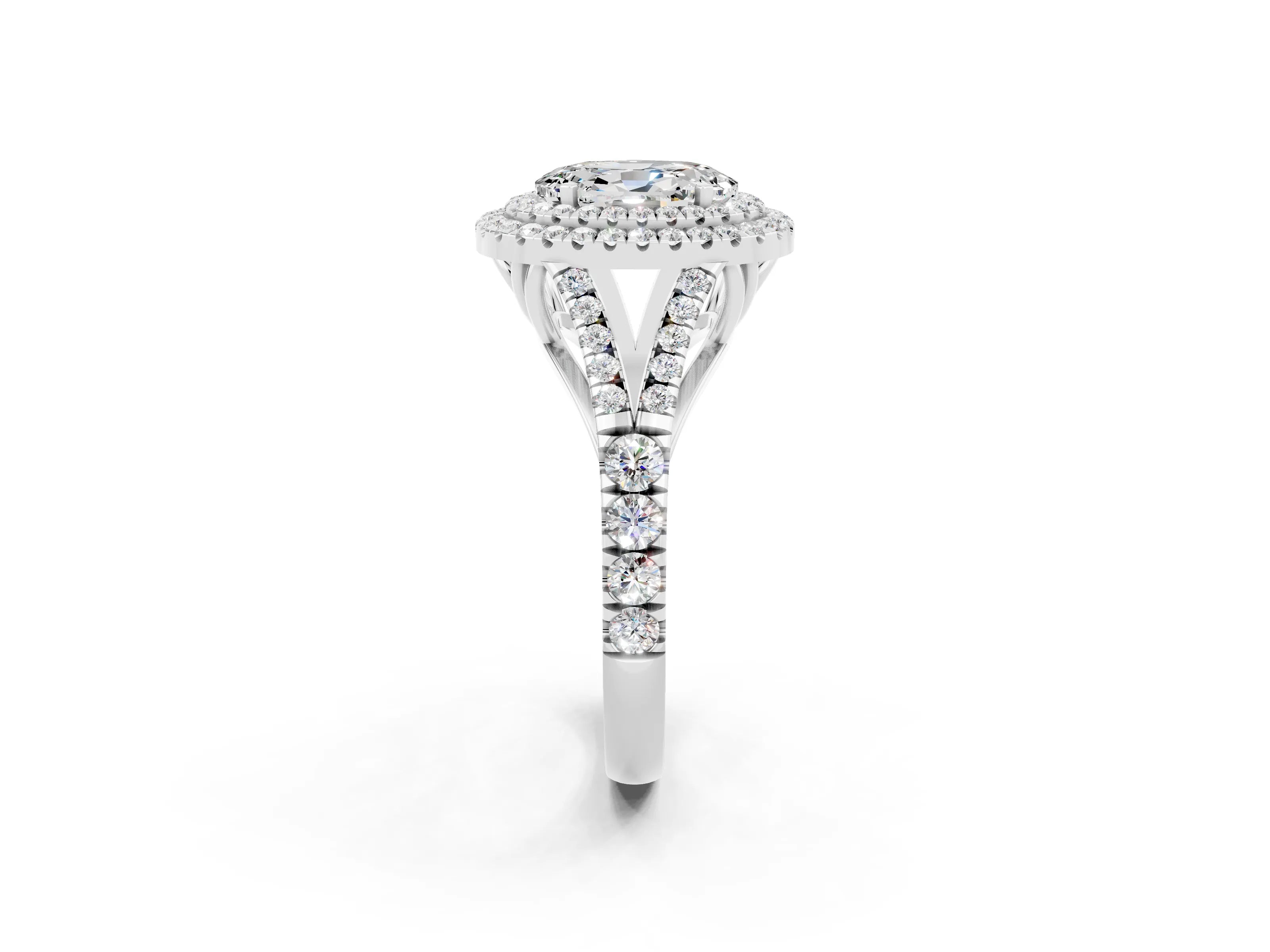 White gold Double Halo Oval Cut Moissanite Pavé Split Shank Ring with Prong Setting_2