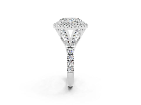White gold Double Halo Oval Cut Moissanite Pavé Split Shank Ring with Prong Setting_2