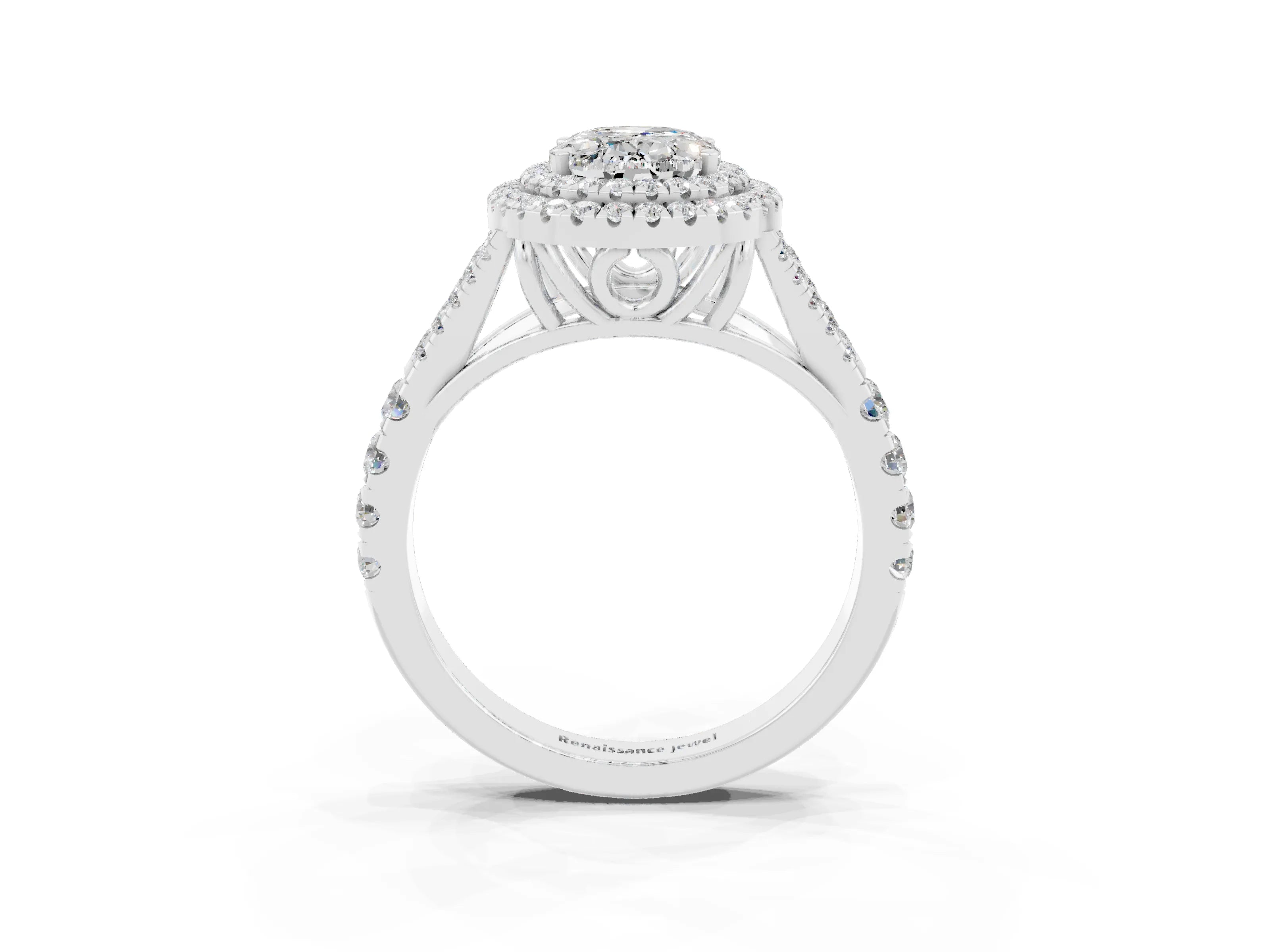 White gold Double Halo Oval Cut Moissanite Pavé Split Shank Ring with Prong Setting_3