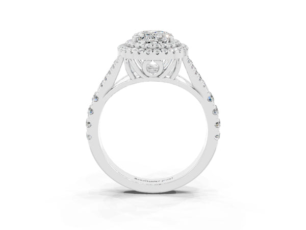 White gold Double Halo Oval Cut Moissanite Pavé Split Shank Ring with Prong Setting