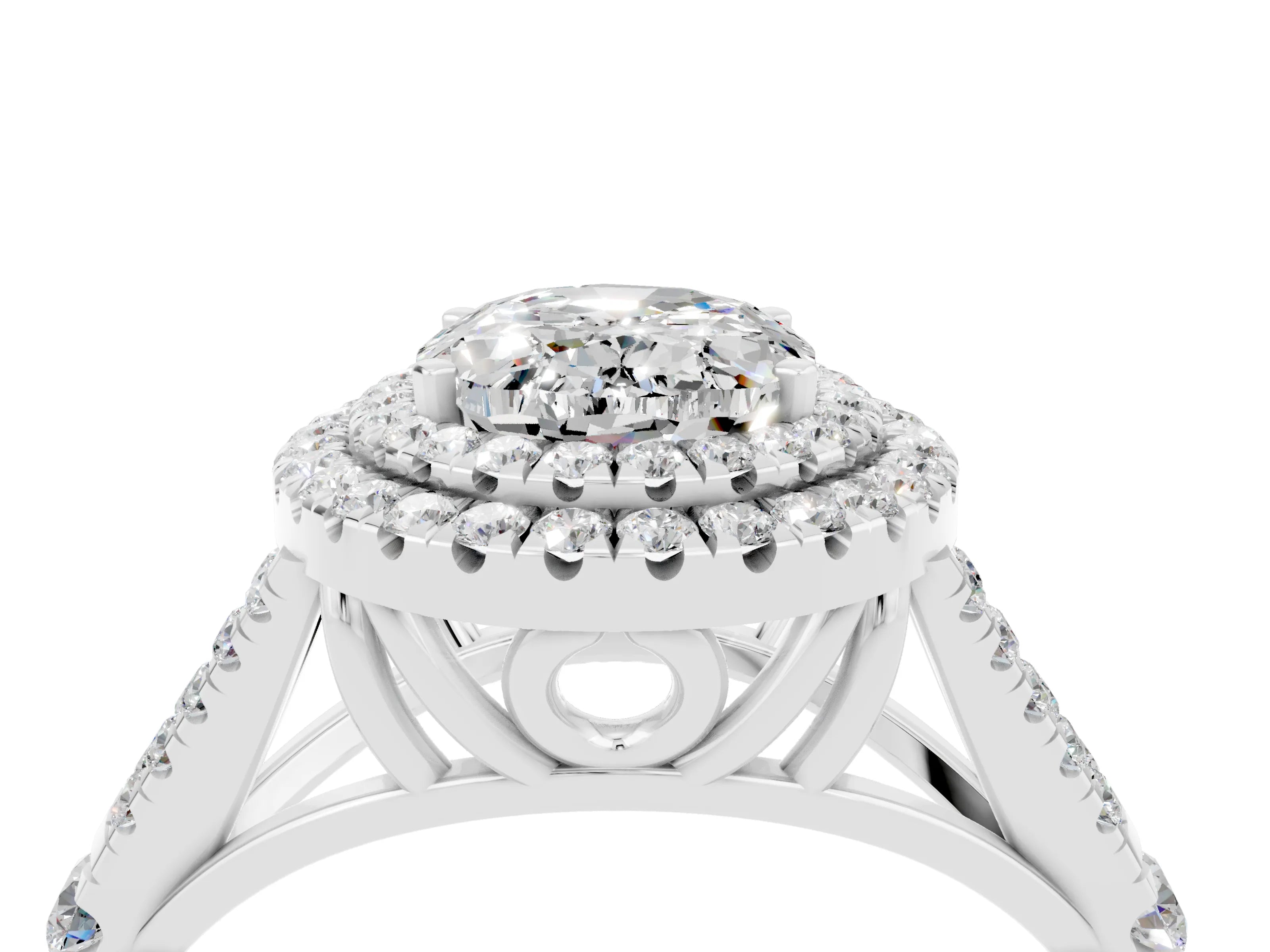 White gold Double Halo Oval Cut Moissanite Pavé Split Shank Ring with Prong Setting_4