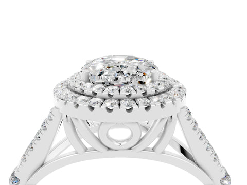 White gold Double Halo Oval Cut Moissanite Pavé Split Shank Ring with Prong Setting_4