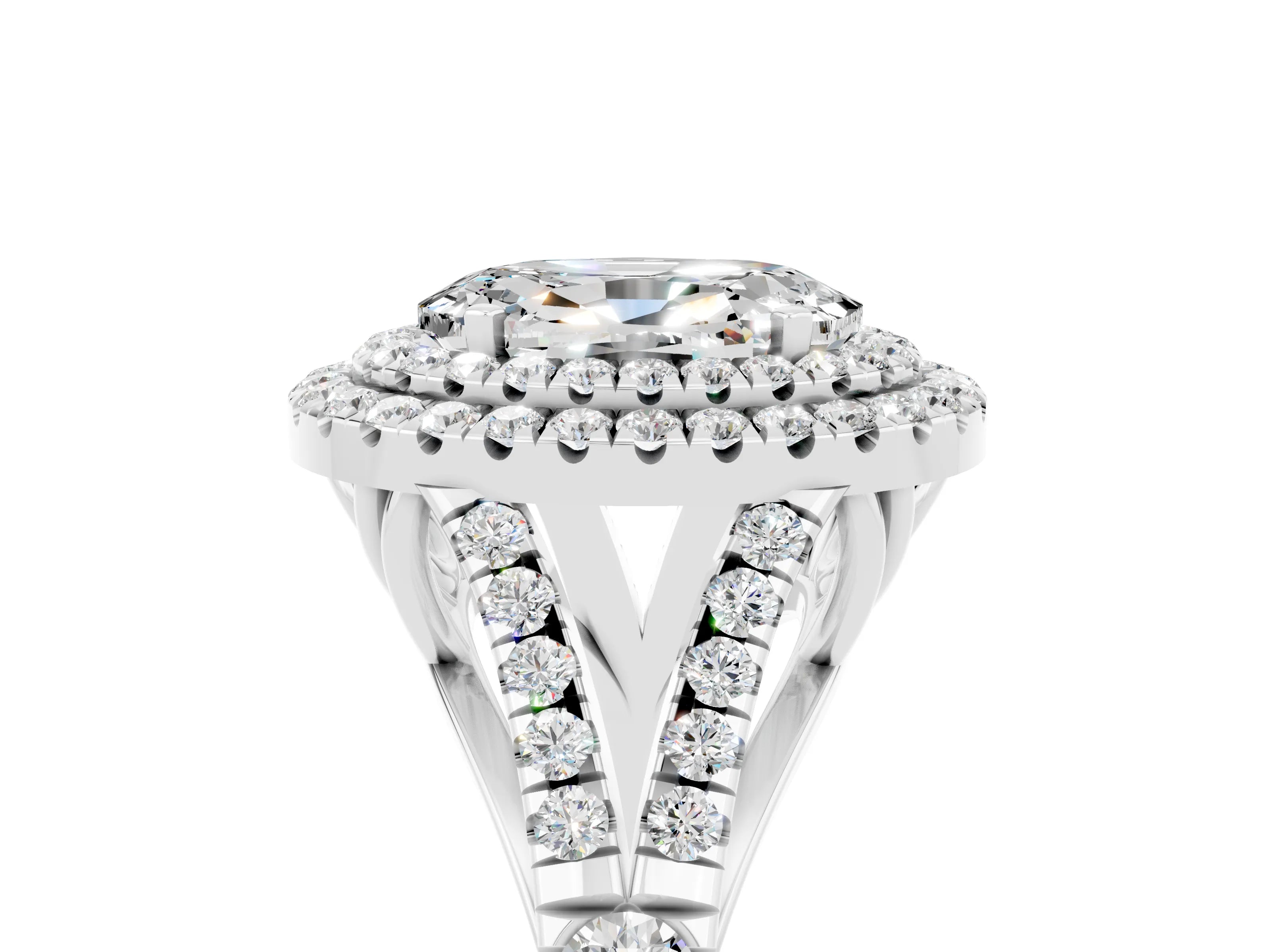 White gold Double Halo Oval Cut Moissanite Pavé Split Shank Ring with Prong Setting_5