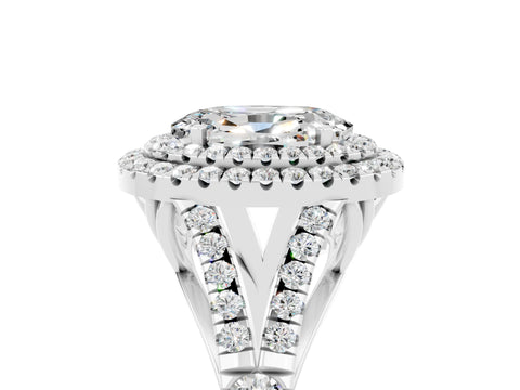 White gold Double Halo Oval Cut Moissanite Pavé Split Shank Ring with Prong Setting_5