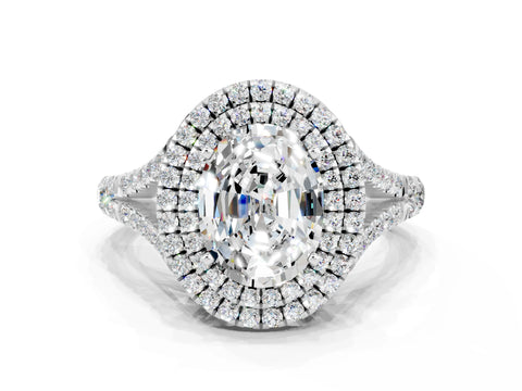 White gold Double Halo Oval Cut Moissanite Pavé Split Shank Ring with Prong Setting