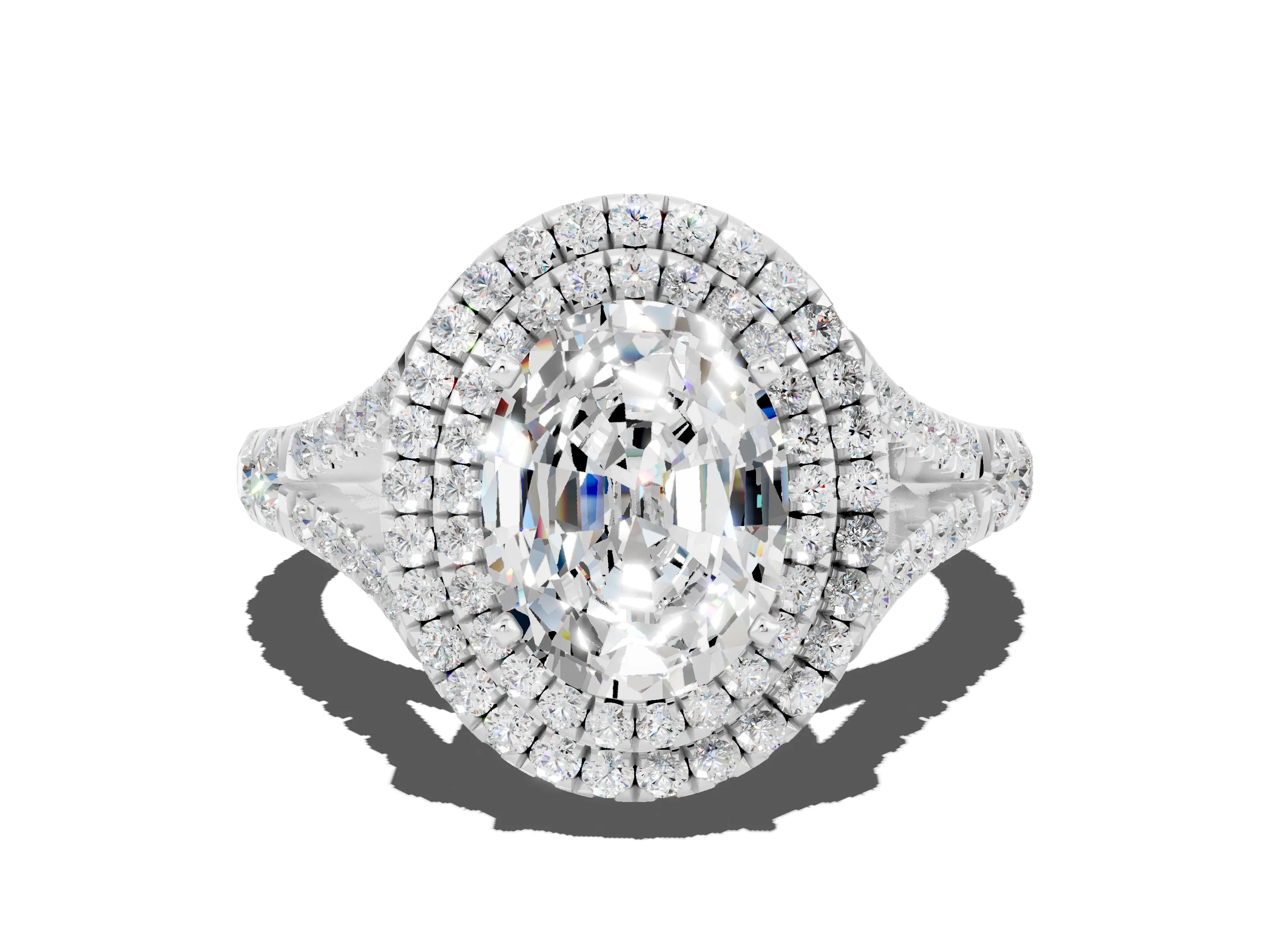 White gold Double Halo Oval Cut Moissanite Split Shank Engagement Ring with Four-Prong Setting