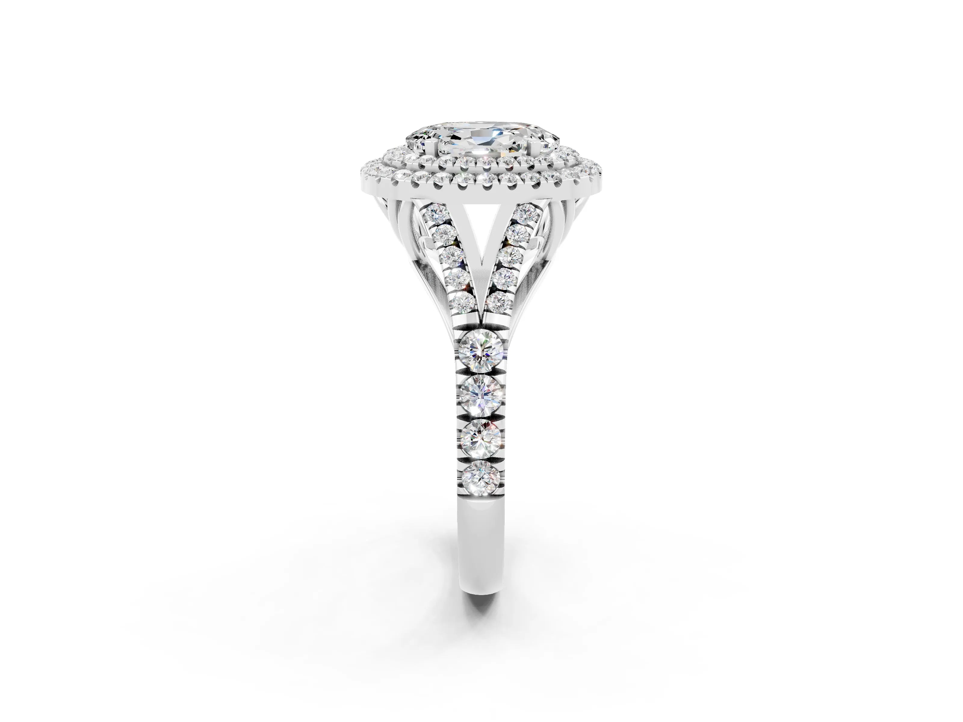 White gold Double Halo Oval Cut Moissanite Split Shank Engagement Ring with Four-Prong Setting_2