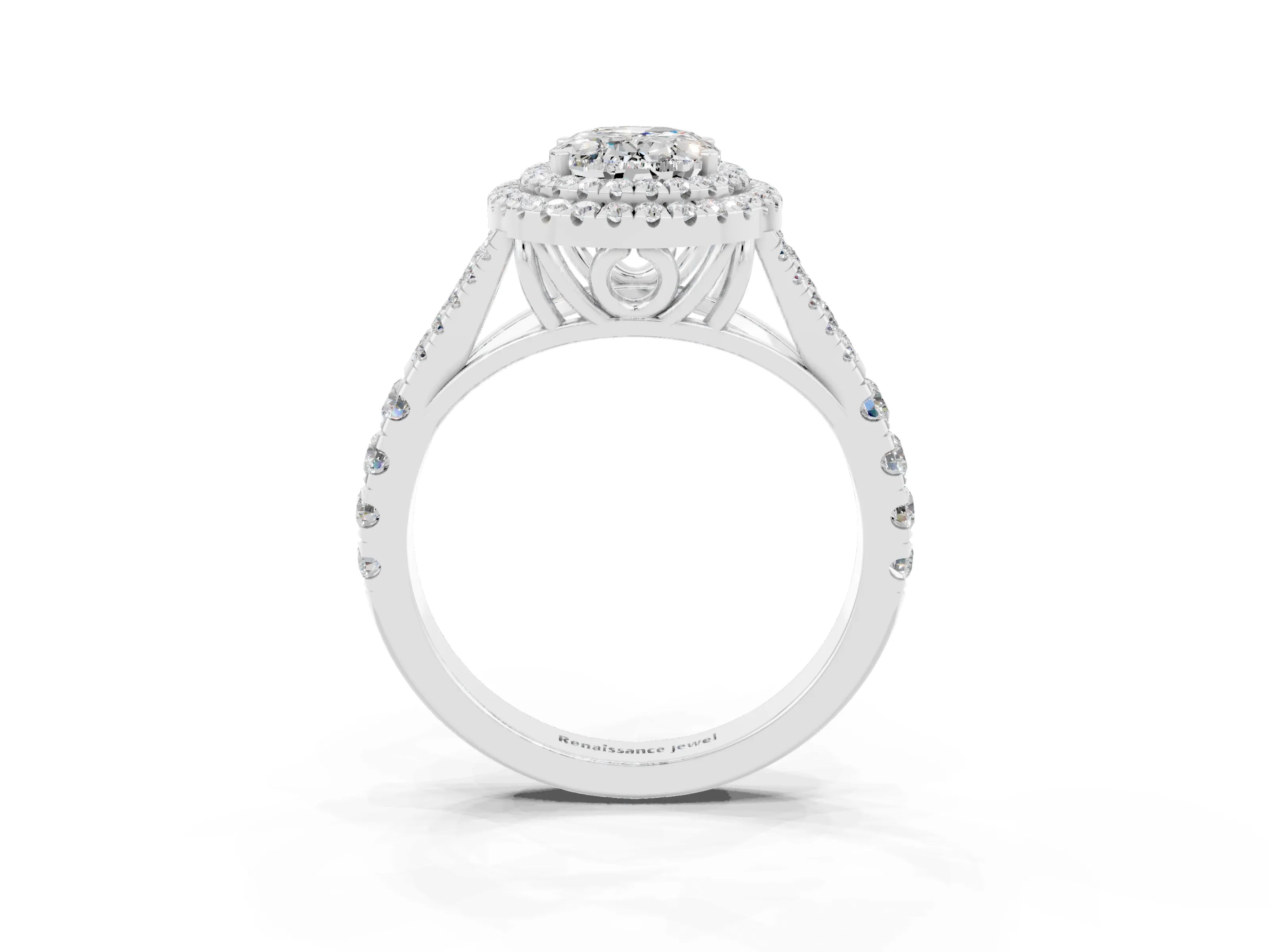 White gold Double Halo Oval Cut Moissanite Split Shank Engagement Ring with Four-Prong Setting_3