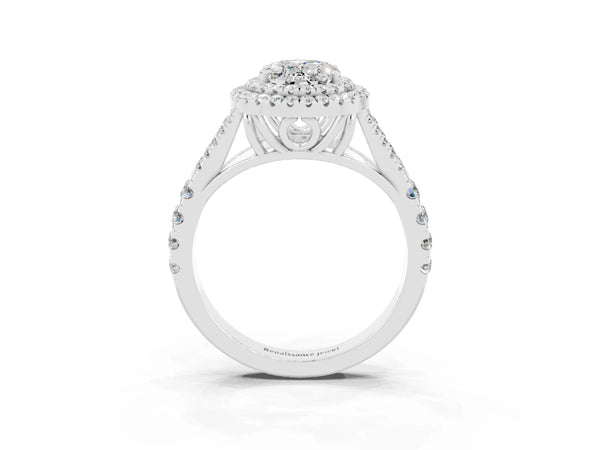 White gold Double Halo Oval Cut Moissanite Split Shank Engagement Ring with Four-Prong Setting