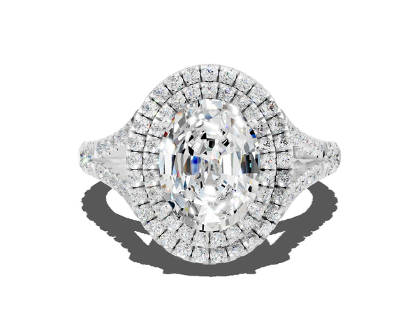 Silver Double Halo Oval Cut Moissanite Split Shank Engagement Ring with Four-Prong Setting