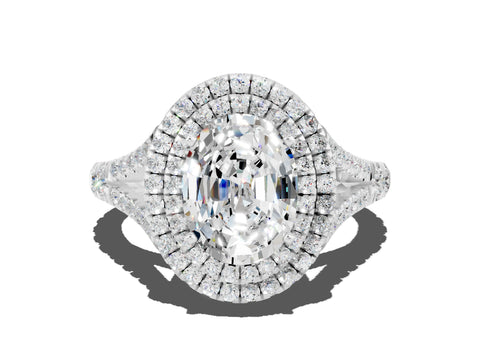 White gold Double Halo Oval Cut Moissanite Split Shank Engagement Ring with Four-Prong Setting